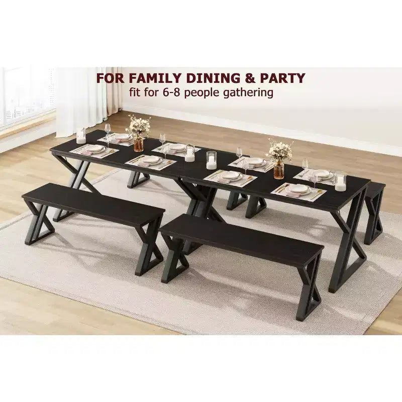 Ensemble table à manger CuisinSmart avec banc et plateau en bois, table de cuisine à structure métallique avec pieds en X et banc pour 4 personnes, pour café, maison, bureau, noir