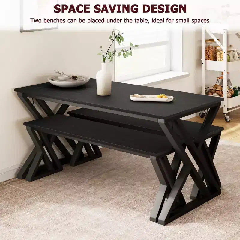 Ensemble table à manger CuisinSmart avec banc et plateau en bois, table de cuisine à structure métallique avec pieds en X et banc pour 4 personnes, pour café, maison, bureau, noir