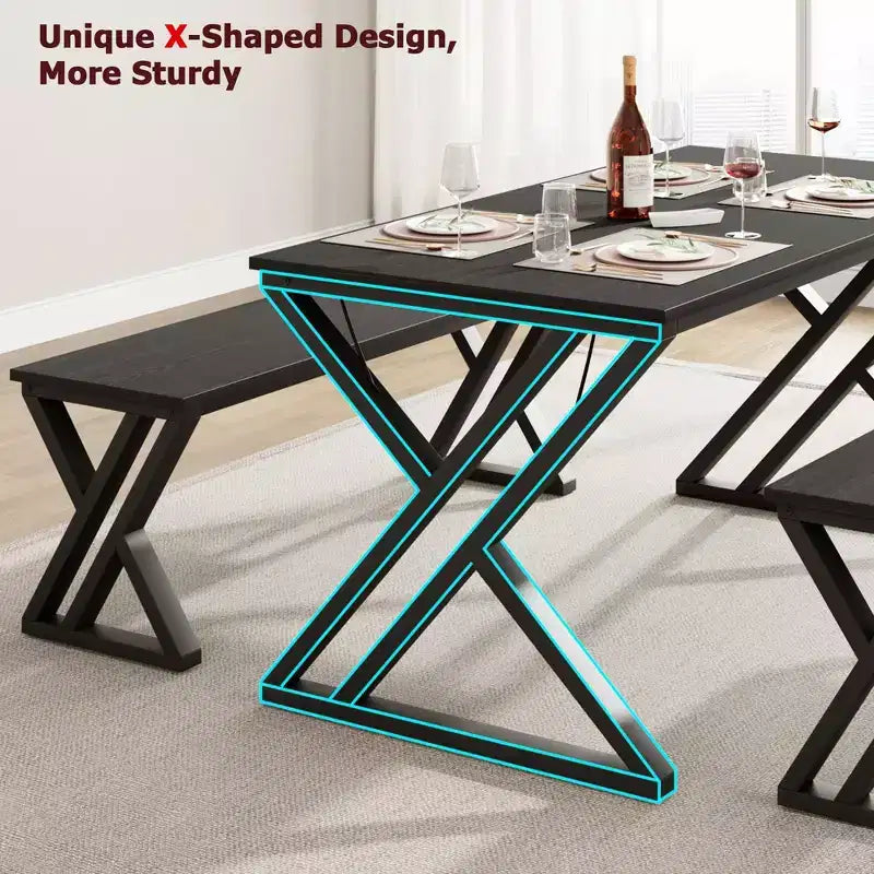 Ensemble table à manger CuisinSmart avec banc et plateau en bois, table de cuisine à structure métallique avec pieds en X et banc pour 4 personnes, pour café, maison, bureau, noir