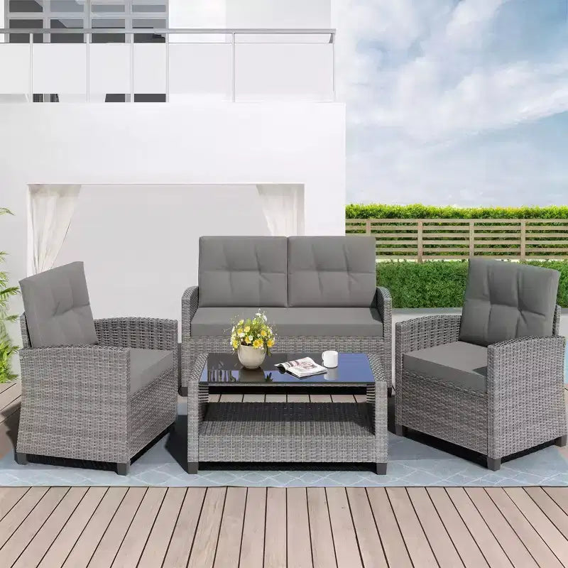 Ensemble complet de patio en osier 4 pièces Celebalcony avec coussins