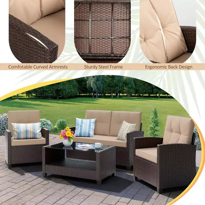 Ensemble complet de patio en osier 4 pièces Celebalcony avec coussins