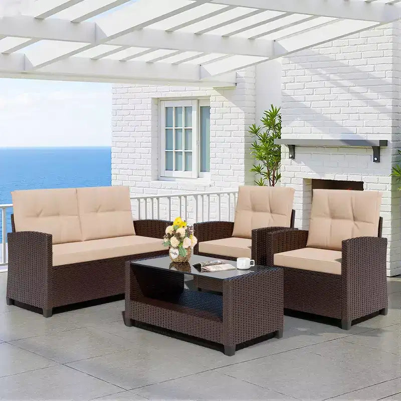 Ensemble complet de patio en osier 4 pièces Celebalcony avec coussins