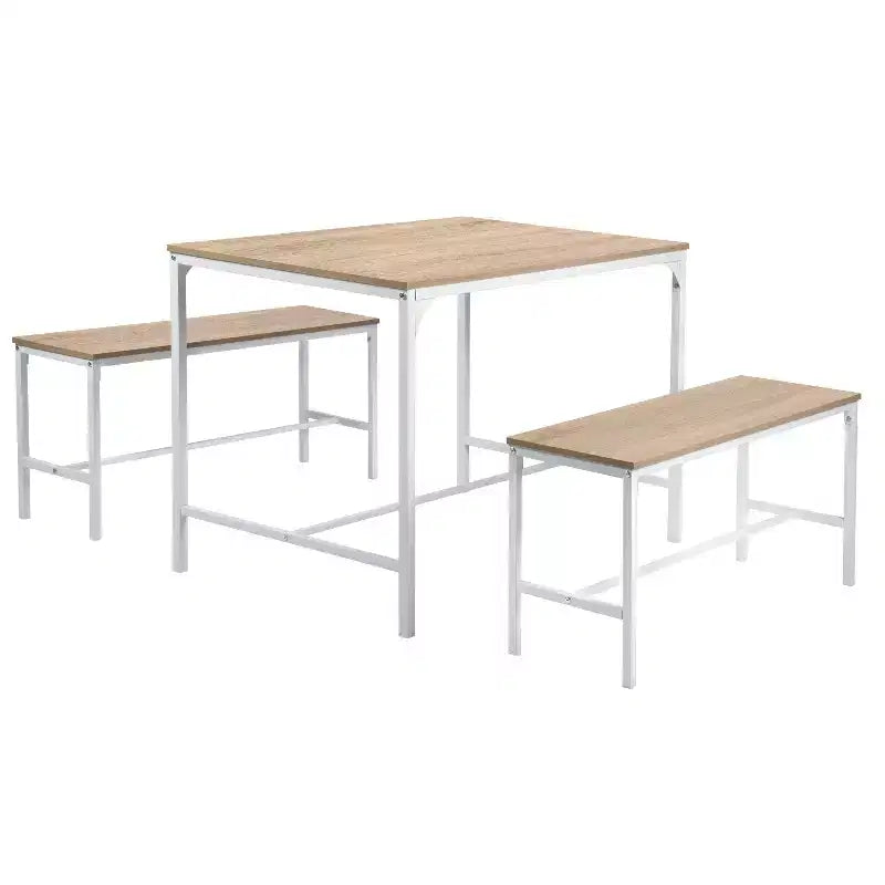FurnitureR Dining Table Set 3 Pieces, 43.3 Inch Kitchen Table with 2 Dining Benches for 4, MDF Board, Dinette for Home, Restaurant, Beech White