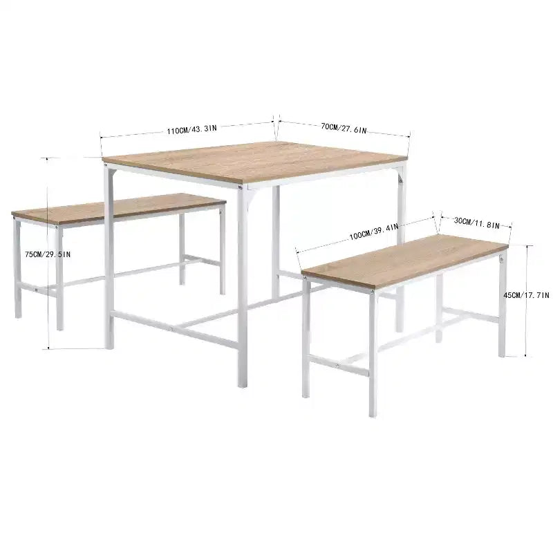 Ensemble de salle à manger FurnitureR 3 pièces, Table de cuisine de 110 cm avec 2 bancs de salle à manger pour 4, Panneau MDF, Dînette pour la maison, restaurant, Hêtre Blanc