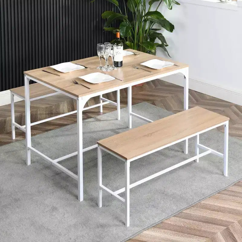 Ensemble de salle à manger FurnitureR 3 pièces, Table de cuisine de 110 cm avec 2 bancs de salle à manger pour 4, Panneau MDF, Dînette pour la maison, restaurant, Hêtre Blanc