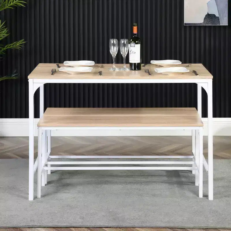 Ensemble de salle à manger FurnitureR 3 pièces, Table de cuisine de 110 cm avec 2 bancs de salle à manger pour 4, Panneau MDF, Dînette pour la maison, restaurant, Hêtre Blanc