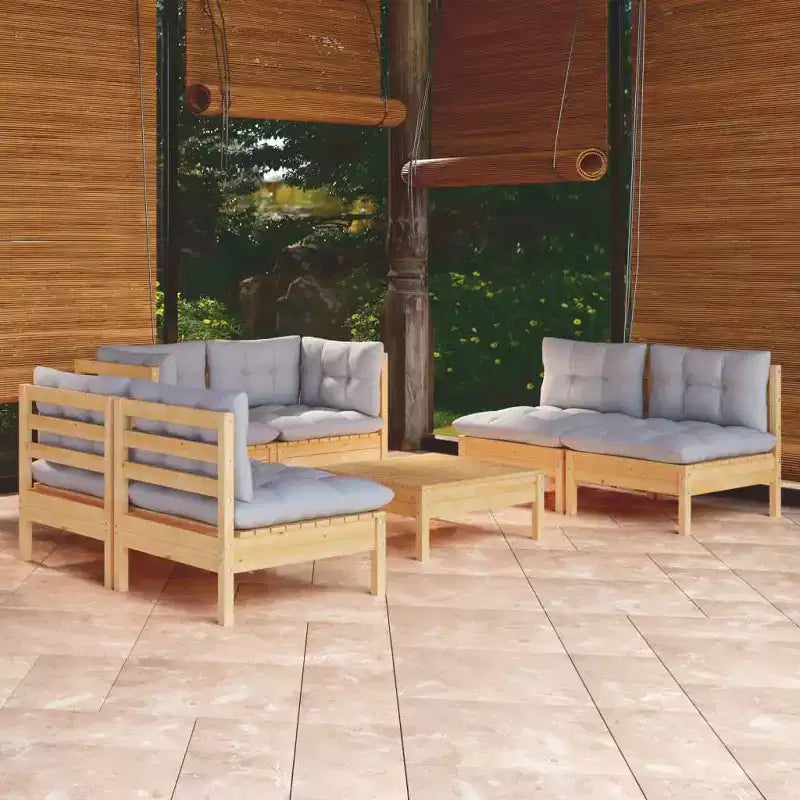 vidaXL Salon de jardin 7 pièces en pin massif avec coussins - Marron et gris