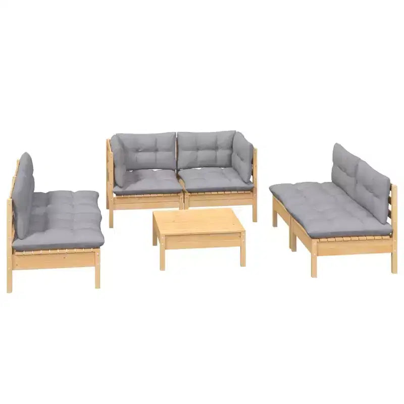 vidaXL Salon de jardin 7 pièces en pin massif avec coussins - Marron et gris