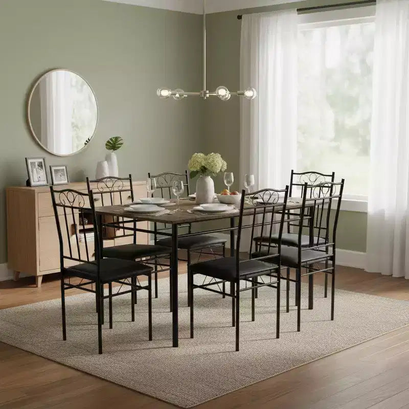FurnitureR Table à manger rectangulaire avec 6 chaises en cuir PU, ensemble table de cuisine pour 4 à 6 personnes, marron/noir vintage