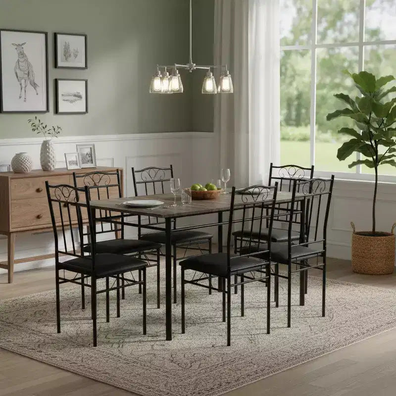 FurnitureR Table à manger rectangulaire avec 6 chaises en cuir PU, ensemble table de cuisine pour 4 à 6 personnes, marron/noir vintage