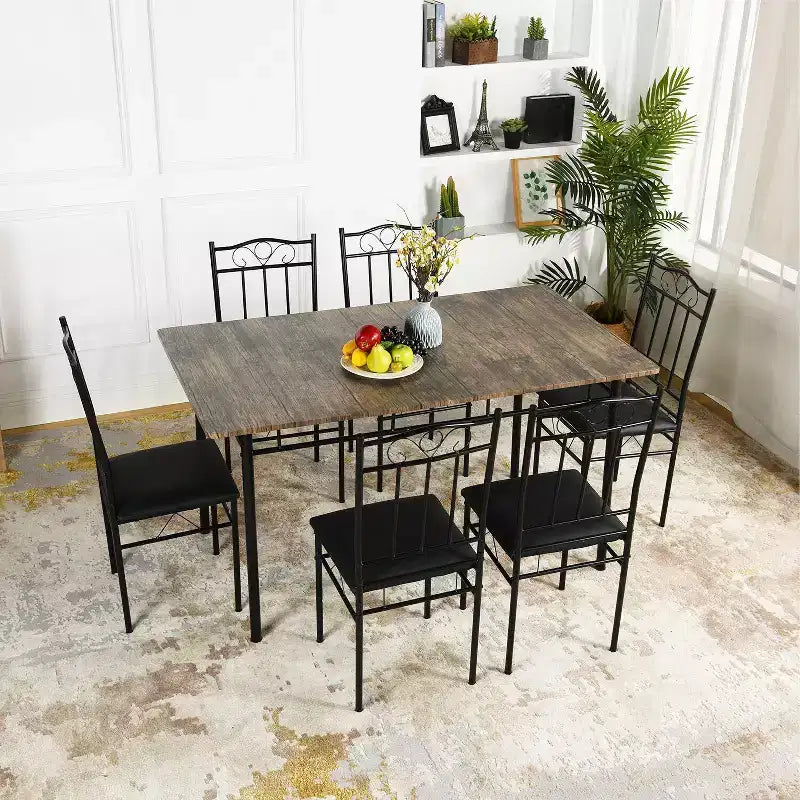 FurnitureR Table à manger rectangulaire avec 6 chaises en cuir PU, ensemble table de cuisine pour 4 à 6 personnes, marron/noir vintage