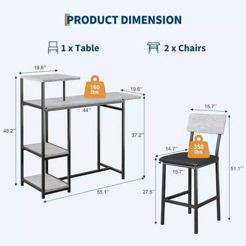 Ensemble table et chaises de salle à manger moderne GutoWave pour 2, ensemble table de bar extensible et 2 chaises 3 pièces