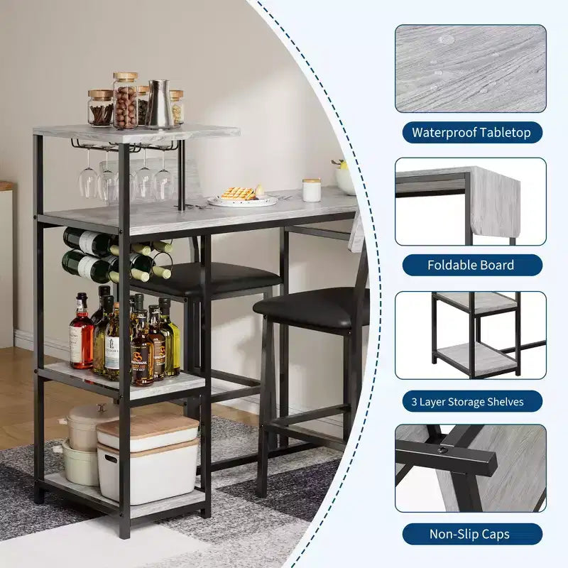 Ensemble table et chaises de salle à manger moderne GutoWave pour 2, ensemble table de bar extensible et 2 chaises 3 pièces