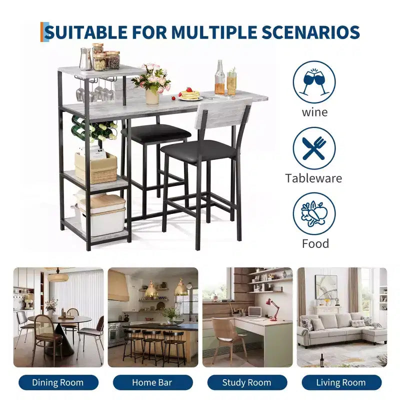 Ensemble table et chaises de salle à manger moderne GutoWave pour 2, ensemble table de bar extensible et 2 chaises 3 pièces