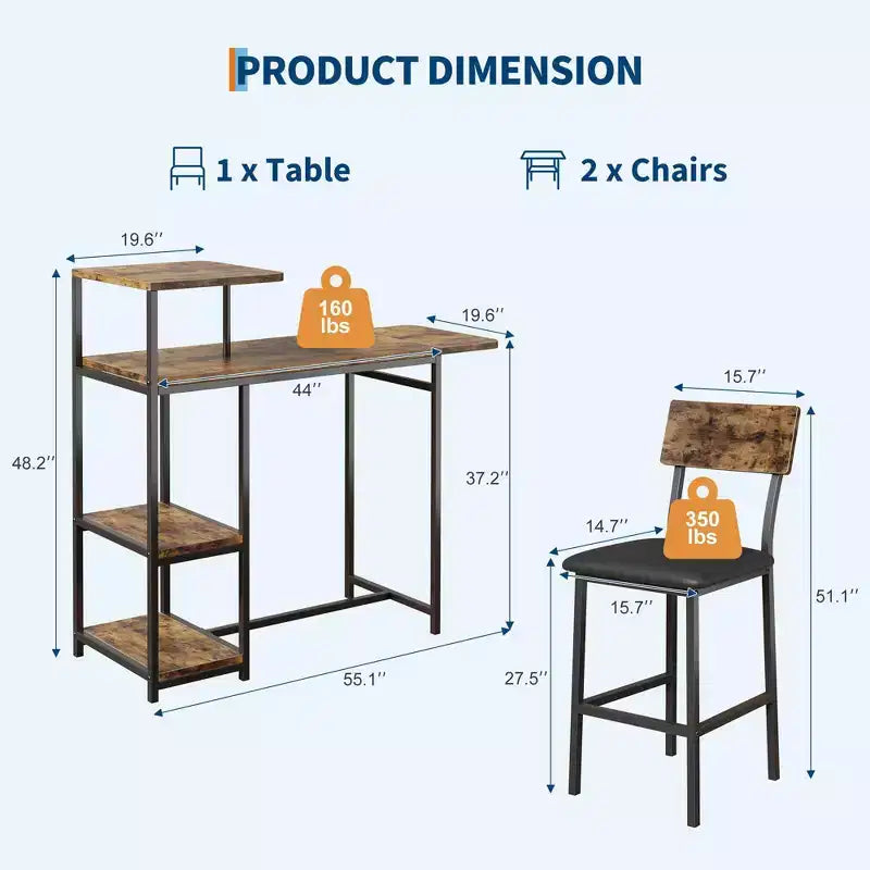 Ensemble table et chaises de salle à manger moderne GutoWave pour 2, ensemble table de bar extensible et 2 chaises 3 pièces