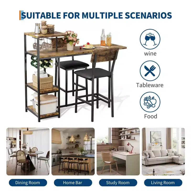 Ensemble table et chaises de salle à manger moderne GutoWave pour 2, ensemble table de bar extensible et 2 chaises 3 pièces