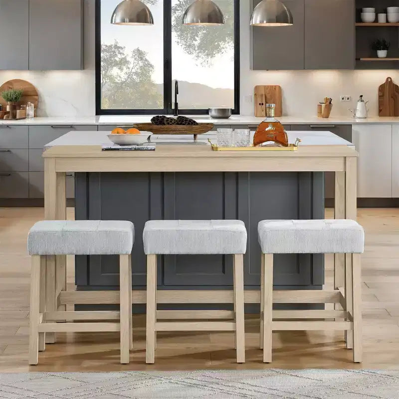 Ensemble de table à manger et de tabourets de bar Okak 4 pièces de style ferme pour cuisine, salle à manger, ensemble de table de petit-déjeuner en bois massif avec prise de courant