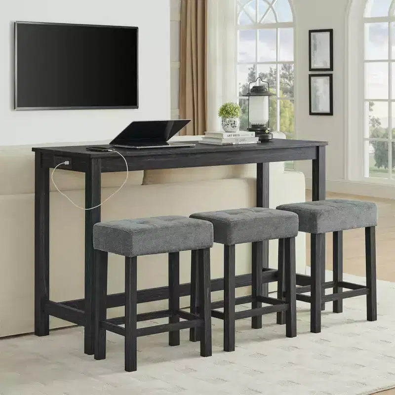 Ensemble de table à manger et de tabourets de bar Okak 4 pièces de style ferme pour cuisine, salle à manger, ensemble de table de petit-déjeuner en bois massif avec prise de courant