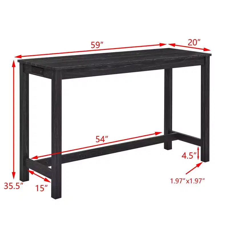 Ensemble de table à manger et de tabourets de bar Okak 4 pièces de style ferme pour cuisine, salle à manger, ensemble de table de petit-déjeuner en bois massif avec prise de courant