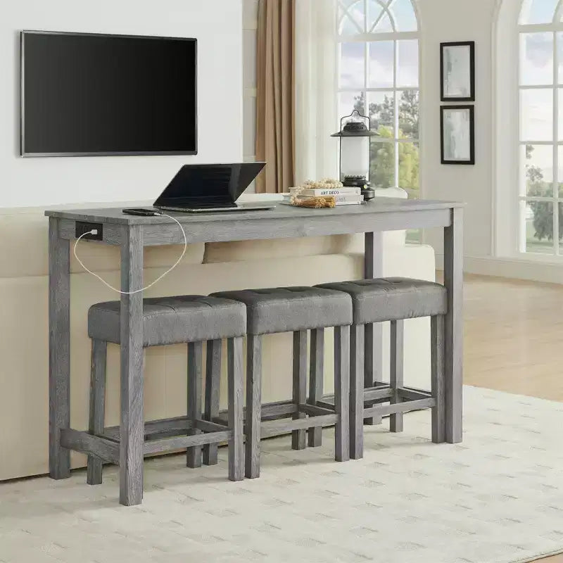 Ensemble de table à manger et de tabourets de bar Okak 4 pièces de style ferme pour cuisine, salle à manger, ensemble de table de petit-déjeuner en bois massif avec prise de courant