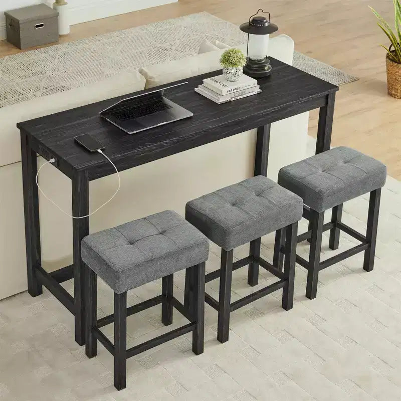 Okak 4-Piece Farmhouse Style Dining Table Set & Bar Stools for Kitchen,Dining Room,Solid Wood Breakfast Table Set with Power Outlet