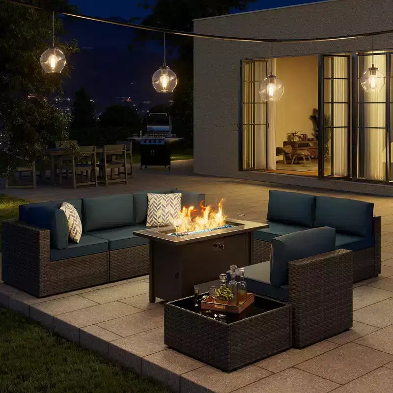 Celebalcony - Ensemble de conversation d'extérieur 8 pièces avec canapé modulable, cadre noir et table brasero