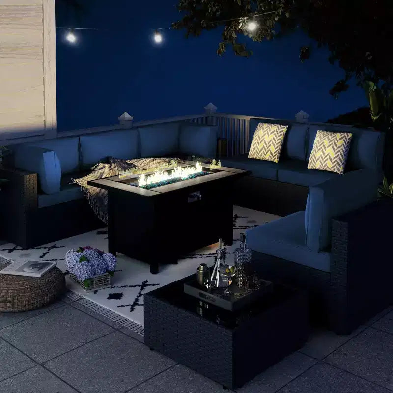 Celebalcony - Ensemble de conversation d'extérieur 8 pièces avec canapé modulable, cadre noir et table brasero