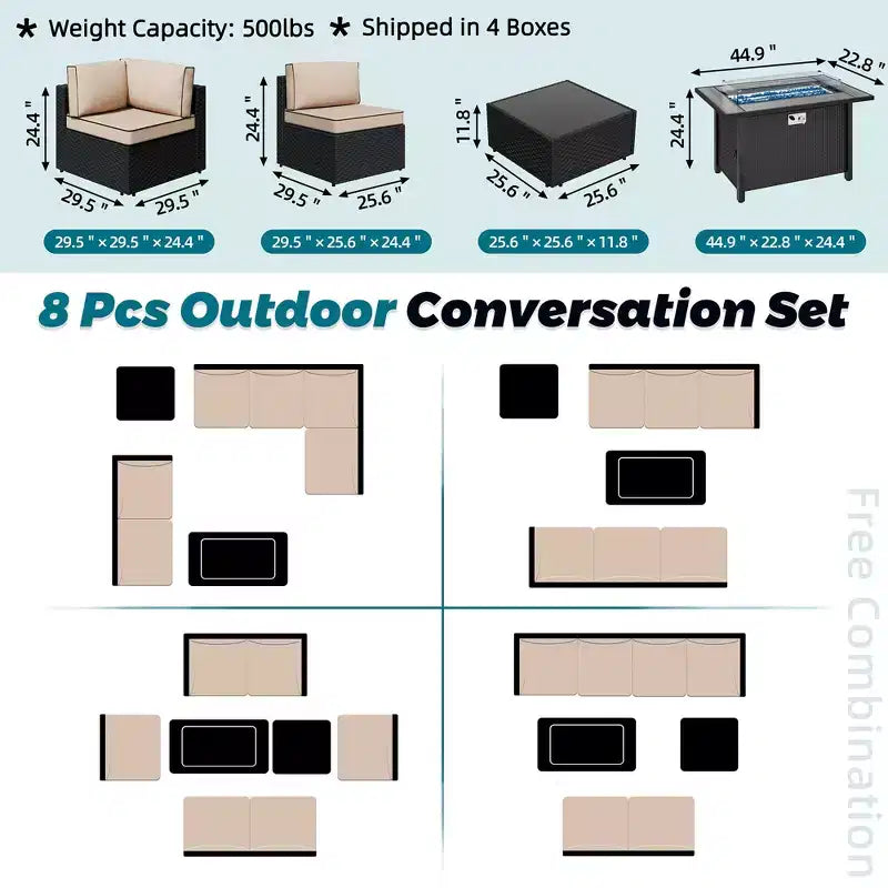 Celebalcony - Ensemble de conversation d'extérieur 8 pièces avec canapé modulable, cadre noir et table brasero