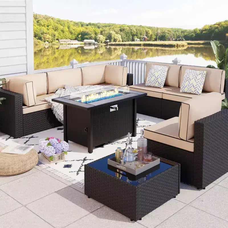Celebalcony - Ensemble de conversation d'extérieur 8 pièces avec canapé modulable, cadre noir et table brasero