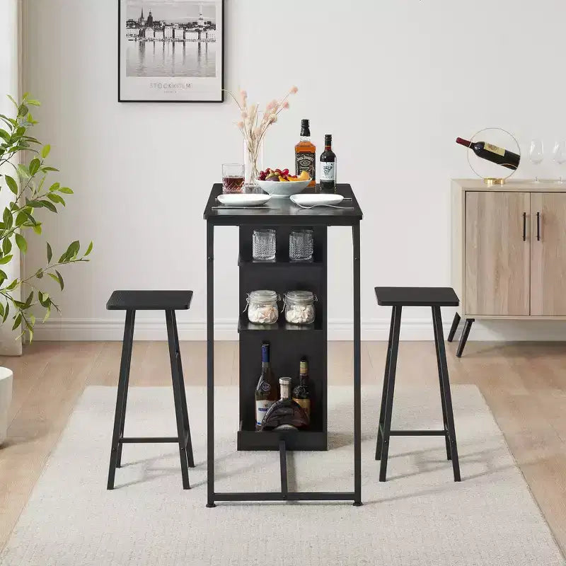 Ensemble table de bar et 2 chaises 3 pièces, table à hauteur de comptoir avec 2 tabourets et étagères de rangement, idéal pour petits espaces, appartements, cuisines