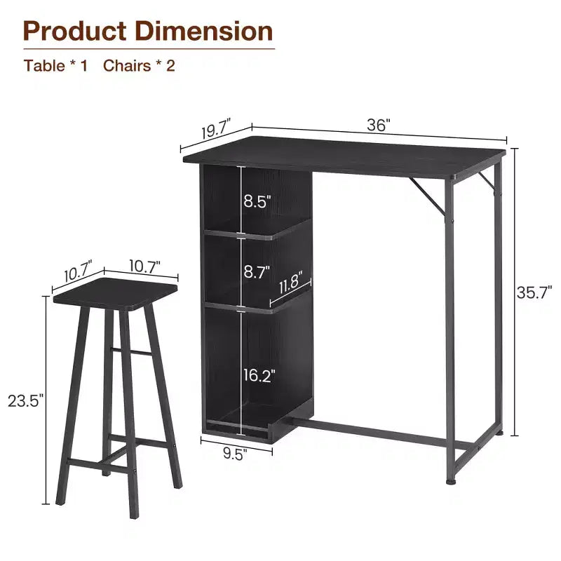 Ensemble table de bar et 2 chaises 3 pièces, table à hauteur de comptoir avec 2 tabourets et étagères de rangement, idéal pour petits espaces, appartements, cuisines