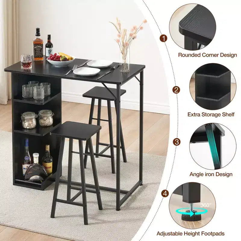 Ensemble table de bar et 2 chaises 3 pièces, table à hauteur de comptoir avec 2 tabourets et étagères de rangement, idéal pour petits espaces, appartements, cuisines