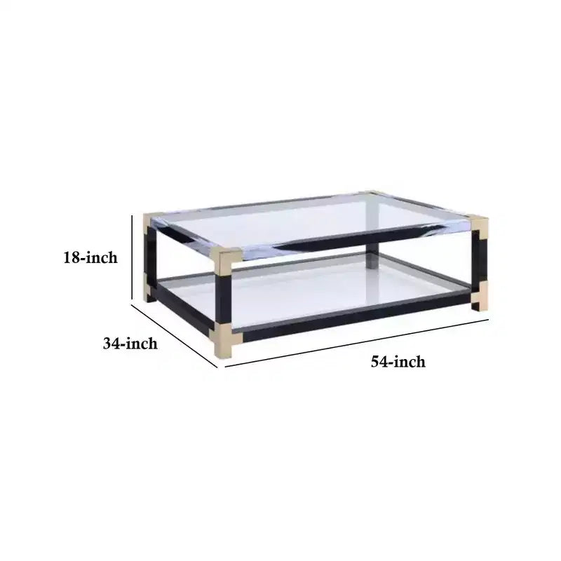Table basse en métal avec plateau et étagère en verre, noire