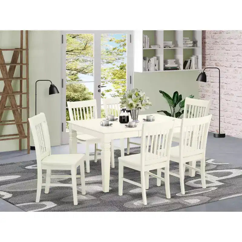 Ensemble de salle à manger nordique 7 pièces - Table et tabourets de cuisine blancs lin - Style ferme moderne