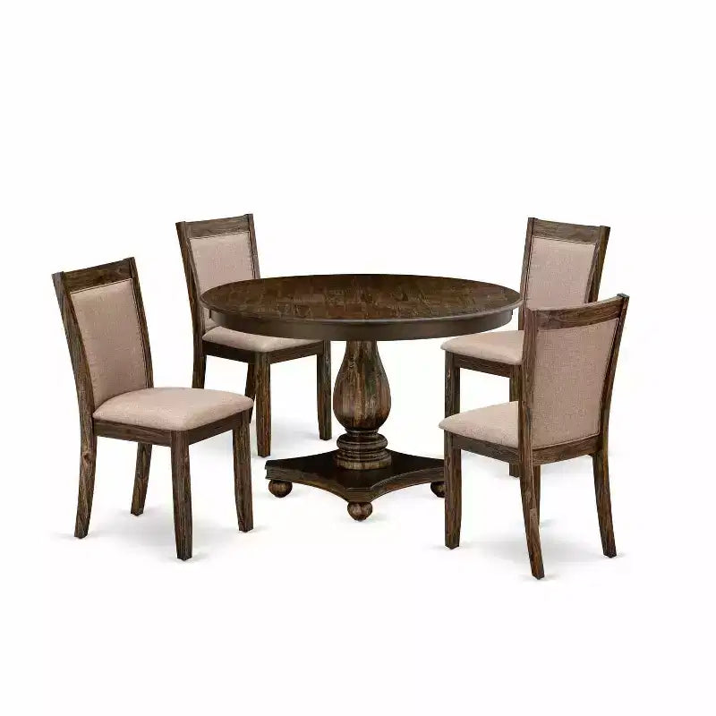 HomeStock 5-Piece Distressed Jacobean Finish Solid Wood Top Dining Table with 4 Upholstered Chairs