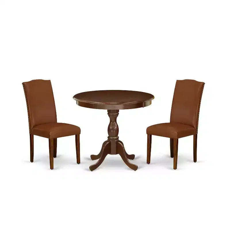 3-Piece Mahogany Finish Solid Wood Top Upholstered Dining Room Set with High Back (Seats-4)