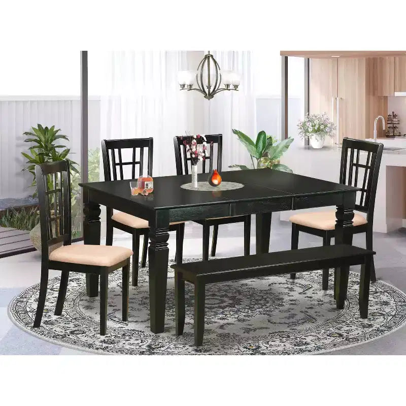 HomeStock Table à manger 6 pièces rectangulaire à plateau en bois massif finition noire avec 1 banc et 4 chaises