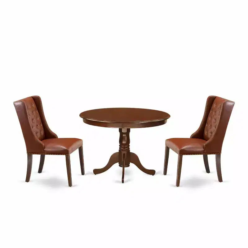 3-Piece Mahogany Finish Solid Wood Top - Button Tufted Upholstered Dining Room Set - Seats 4