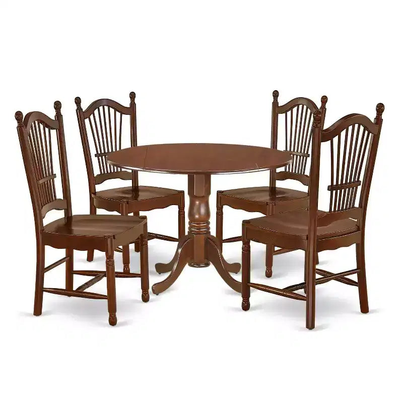 HomeStock 5-Piece Round Mahogany Finish Solid Wood Top Dining Table with 4 Chairs with Drop Leaf