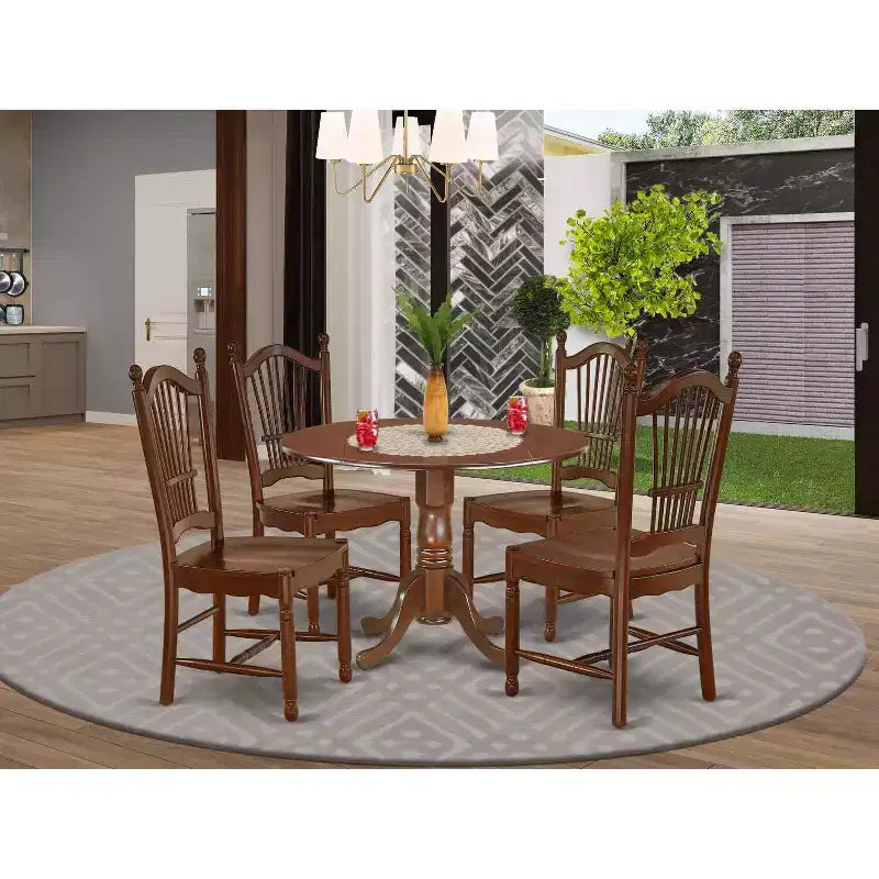 Table de salle à manger HomeStock 5 pièces à plateau rond en bois massif finition acajou avec 4 chaises à abattant