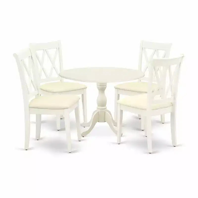HomeStock 5-Piece Linen White Finish Solid Wood Top Dining table with 4 Chairs with Drop Leaf Lattice Back