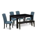 HomeStock 6-Piece Rectangle Black Finish Solid Wood Top Dining Table with 1 Bench, 4 Chairs