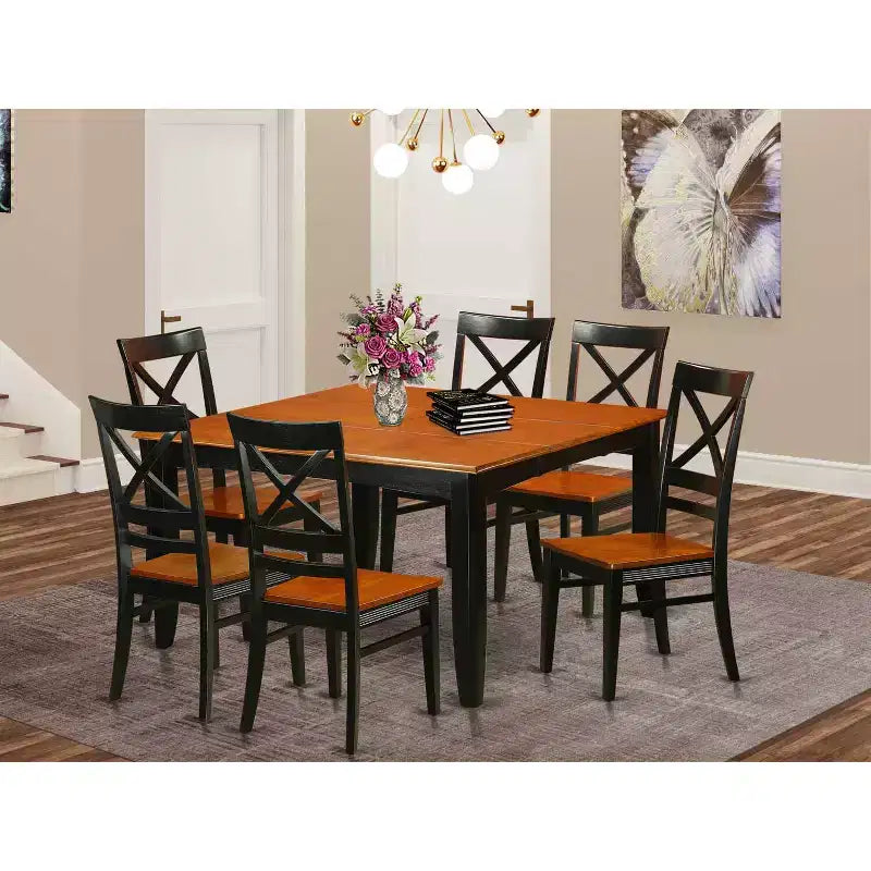Table de salle à manger HomeStock 7 pièces avec plateau carré en bois massif finition noir et cerisier et 6 chaises