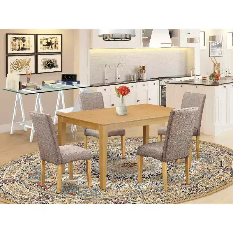 Ensemble table de salle à manger rectangulaire 60 pouces avec 4 chaises - Tissu lin finition kaki foncé