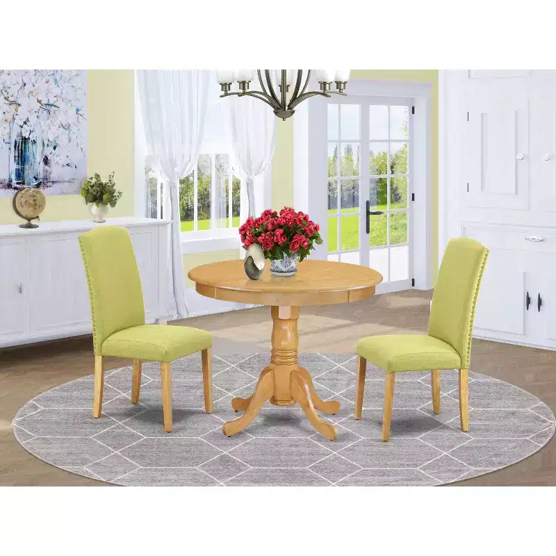 Ensemble table à manger ronde - Table de 36 pouces et 2 chaises - Tissu en lin - Base en bois massif