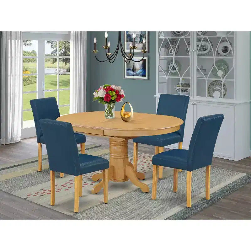 Ensemble de salle à manger ovale Tuscan 5 pièces - Table 106-152 cm avec rallonge et 4 chaises en cuir PU - HomeStock