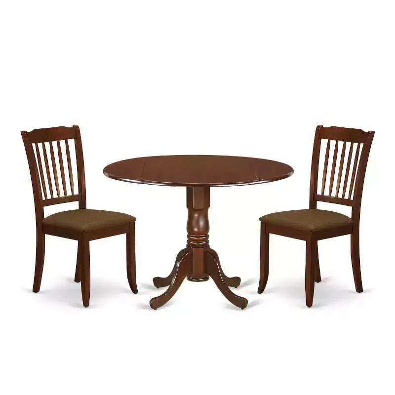 Round Dinette Set with Drop Leaf Table & 2 Linen Dining Chairs - Mahogany Finish