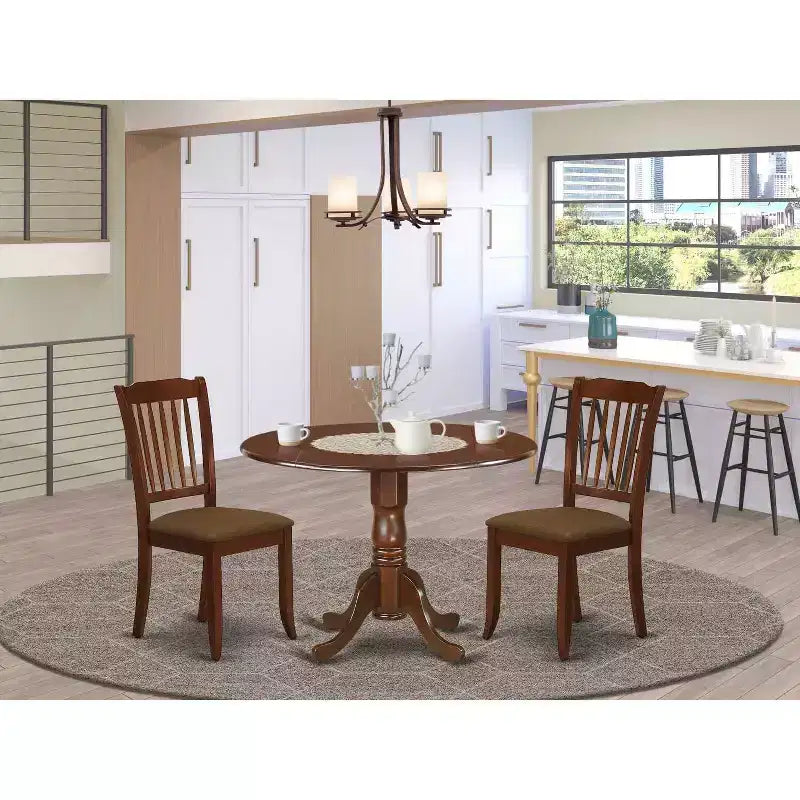 Ensemble de salle à manger rond avec table à rallonges et 2 chaises de salle à manger en lin - Finition acajou