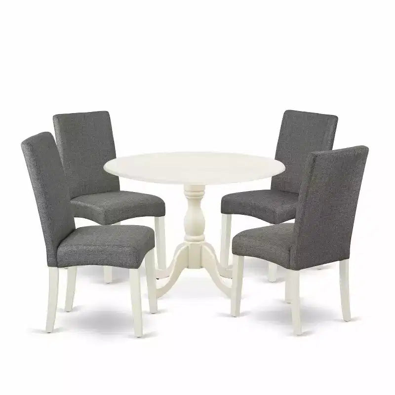 5-Piece Linen White Finish Solid Wood Top Dining table with 4 Chairs with Drop Leaf
