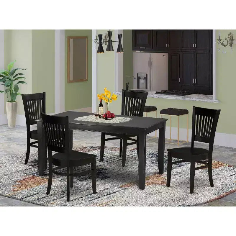 HomeStock – Ensemble table à manger rectangulaire en bois massif noir 5 pièces avec 4 chaises à dossier à barreaux